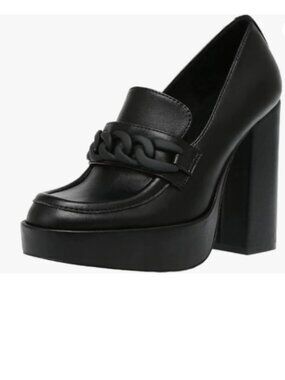 FOWT Black Platform Round Toe Pumps Chain Chunky High Heel Slip on Loafers